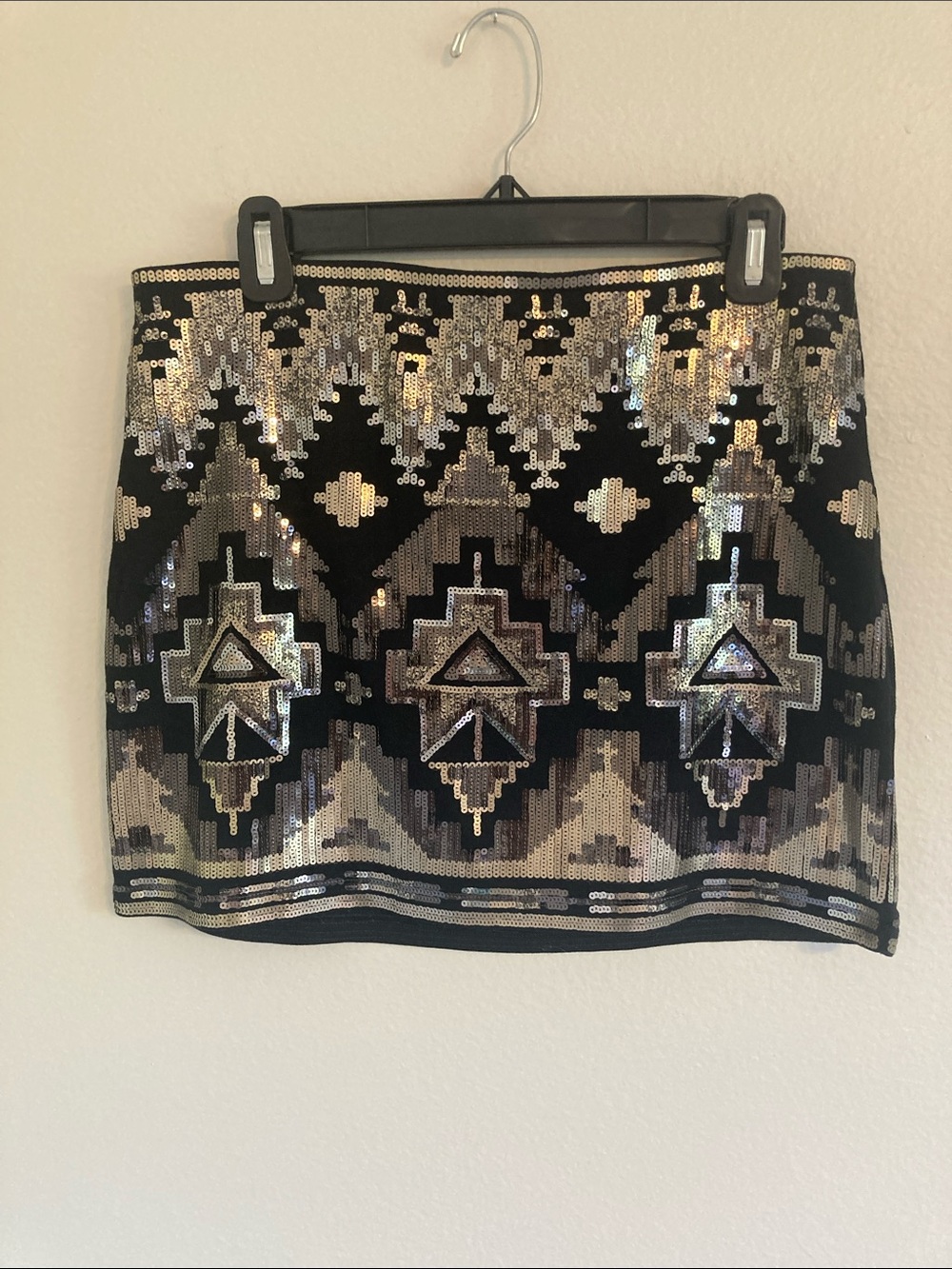 Express Black Mini Skirt with Gold & Silver Sequin Aztec Pattern